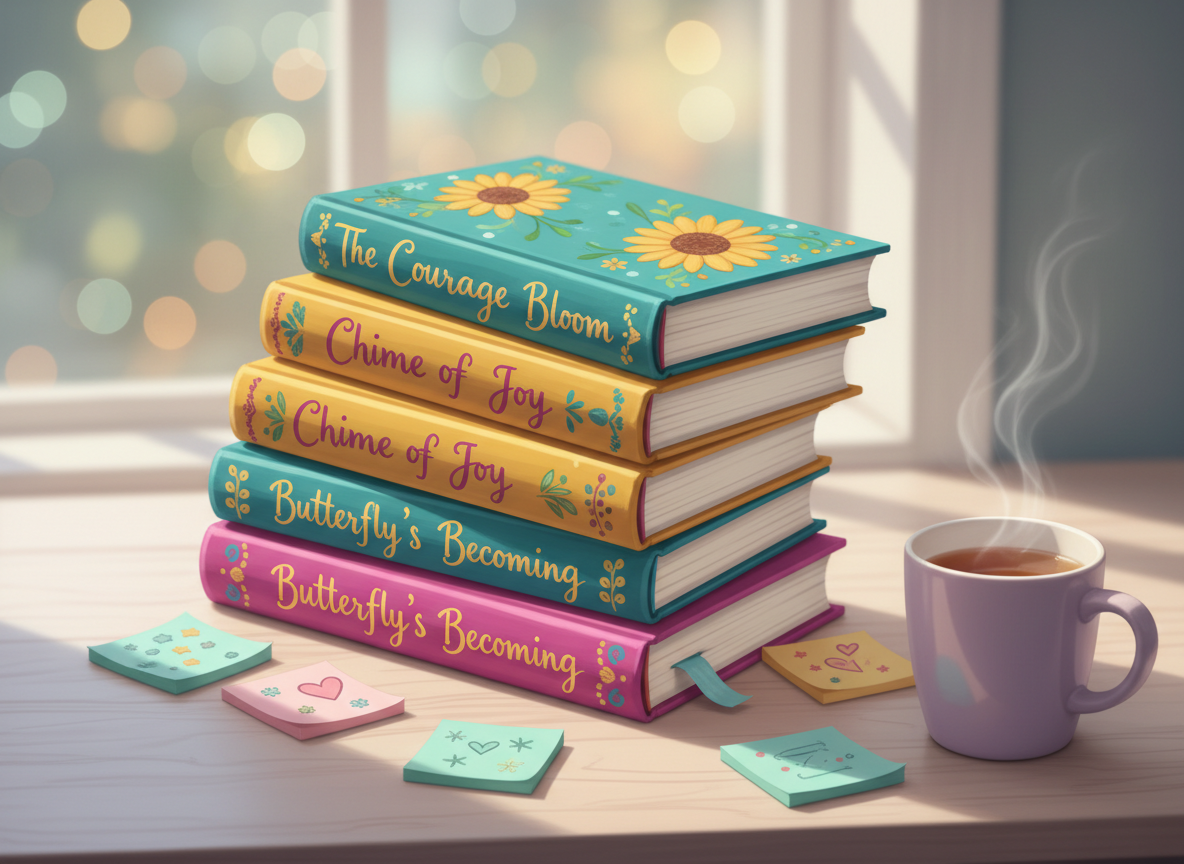 A vibrant stack of hardcover books with whimsical, hand-painted titles about courage, joy, and transformation, each cover splashed with bold teal, sunflower yellow, and fuchsia patterns. The books are arranged in a loose spiral on a pale wooden desk, surrounded by scattered pastel sticky notes filled with tiny illustrated stars and hearts. Soft, diffused morning light pours in from an unseen window, creating gentle reflections on a nearby lavender ceramic mug of tea. The digital-art style is playful and colorful, with slightly exaggerated proportions and smooth gradients. Shot from a slightly elevated angle with a shallow depth of field, the foreground books are in crisp focus while the background melts into dreamy bokeh dots, evoking motivation, curiosity, and fresh inspiration.