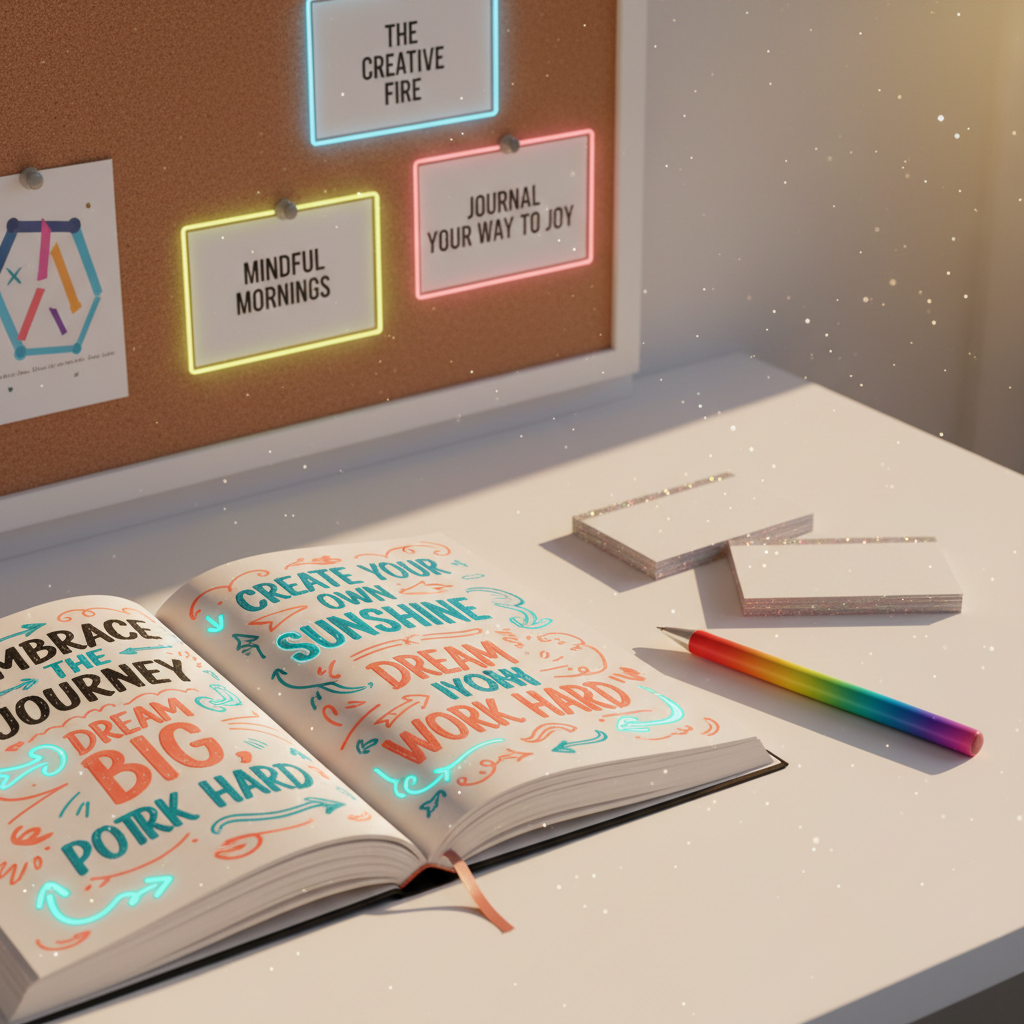 An open journal with thick, creamy pages lies at a jaunty angle on a clean white desk, its pages filled with bold, digitally illustrated motivational phrases and doodled arrows in electric turquoise and coral ink. Beside it, a rainbow-gradient pen and a small stack of glitter-edged index cards fan outward like a burst of ideas. Behind the journal, a minimalist cork vision board displays pinned title cards for upcoming inspirational book releases, each card glowing with soft neon outlines. Warm golden-hour light falls diagonally across the scene, casting long, friendly shadows and subtle sparkles. The composition uses the rule of thirds, with the journal dominant in the lower left. Rendered in polished digital-art style with crisp lines and a playful, energetic atmosphere that suggests brainstorming and creative momentum.